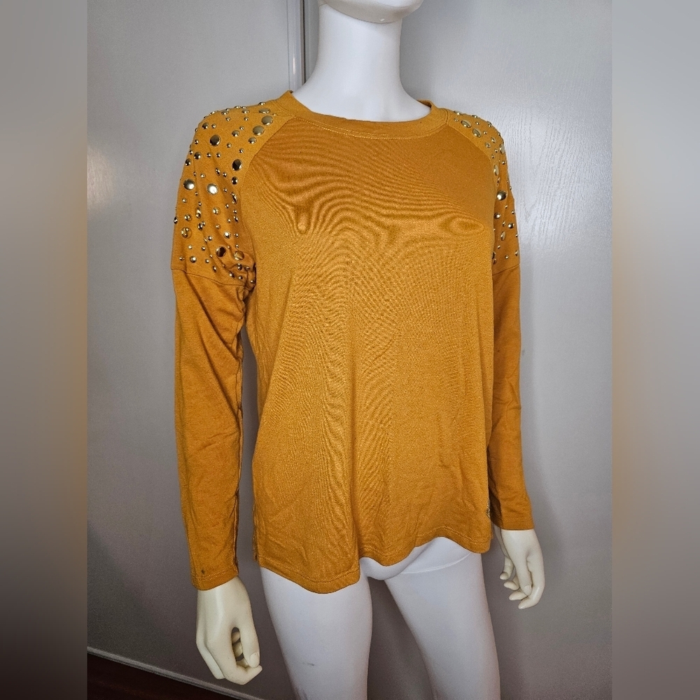 Michael Kors Womens Mustard Yellow Top 60% Viscose Size M Gold Tone Metal